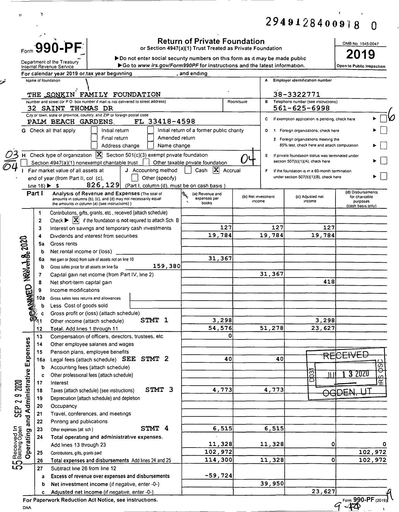 Image of first page of 2019 Form 990PF for The Sonkin Family Foundation