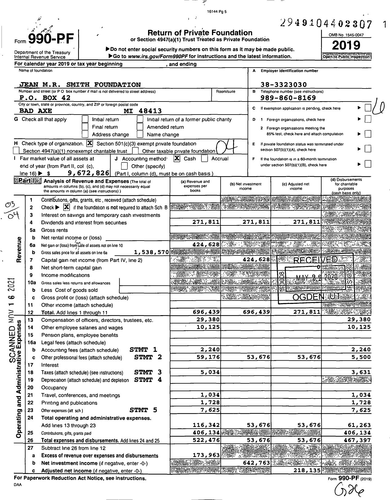 Image of first page of 2019 Form 990PF for Jean Mr Smith Foundation