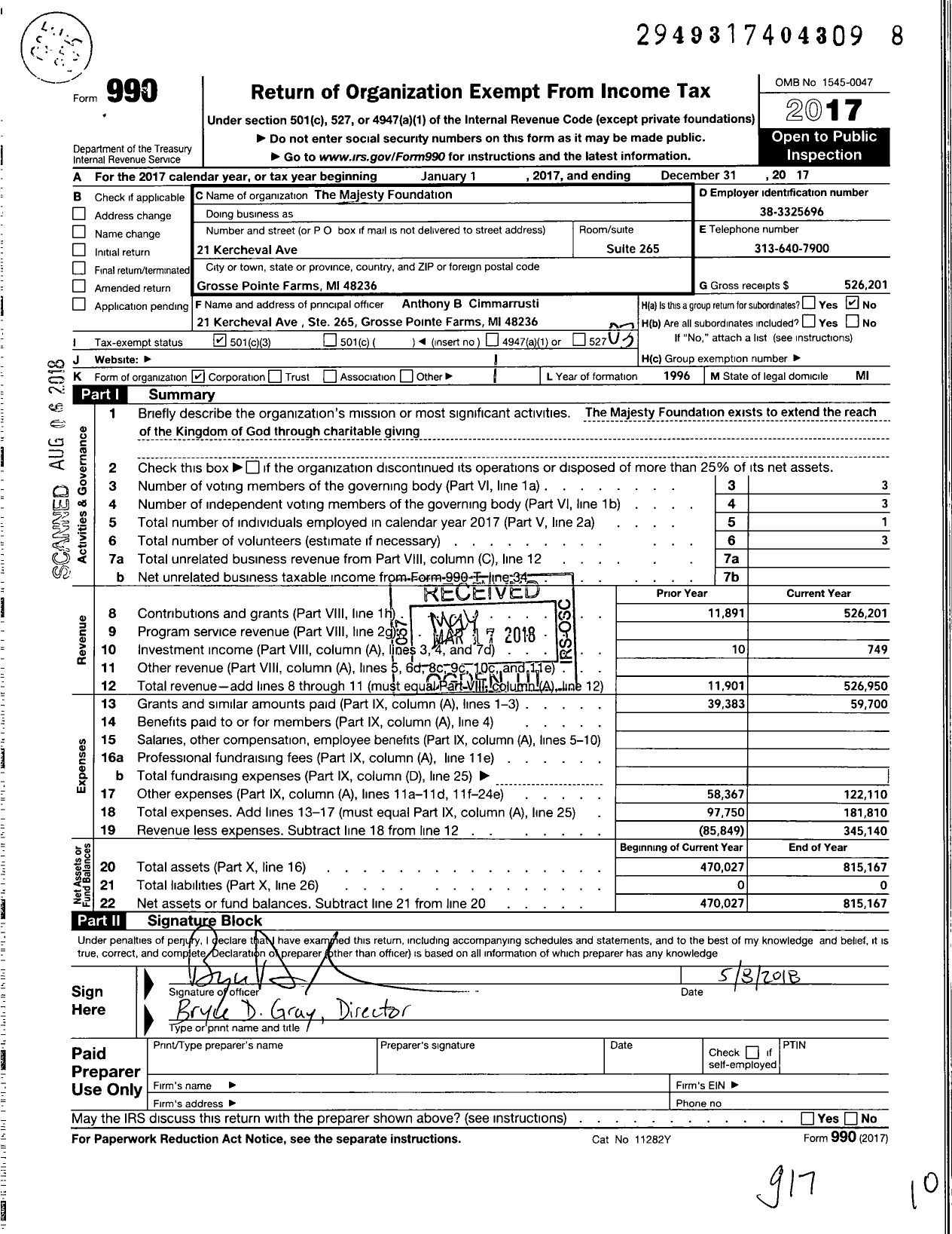 Image of first page of 2017 Form 990 for The Majesty Foundation