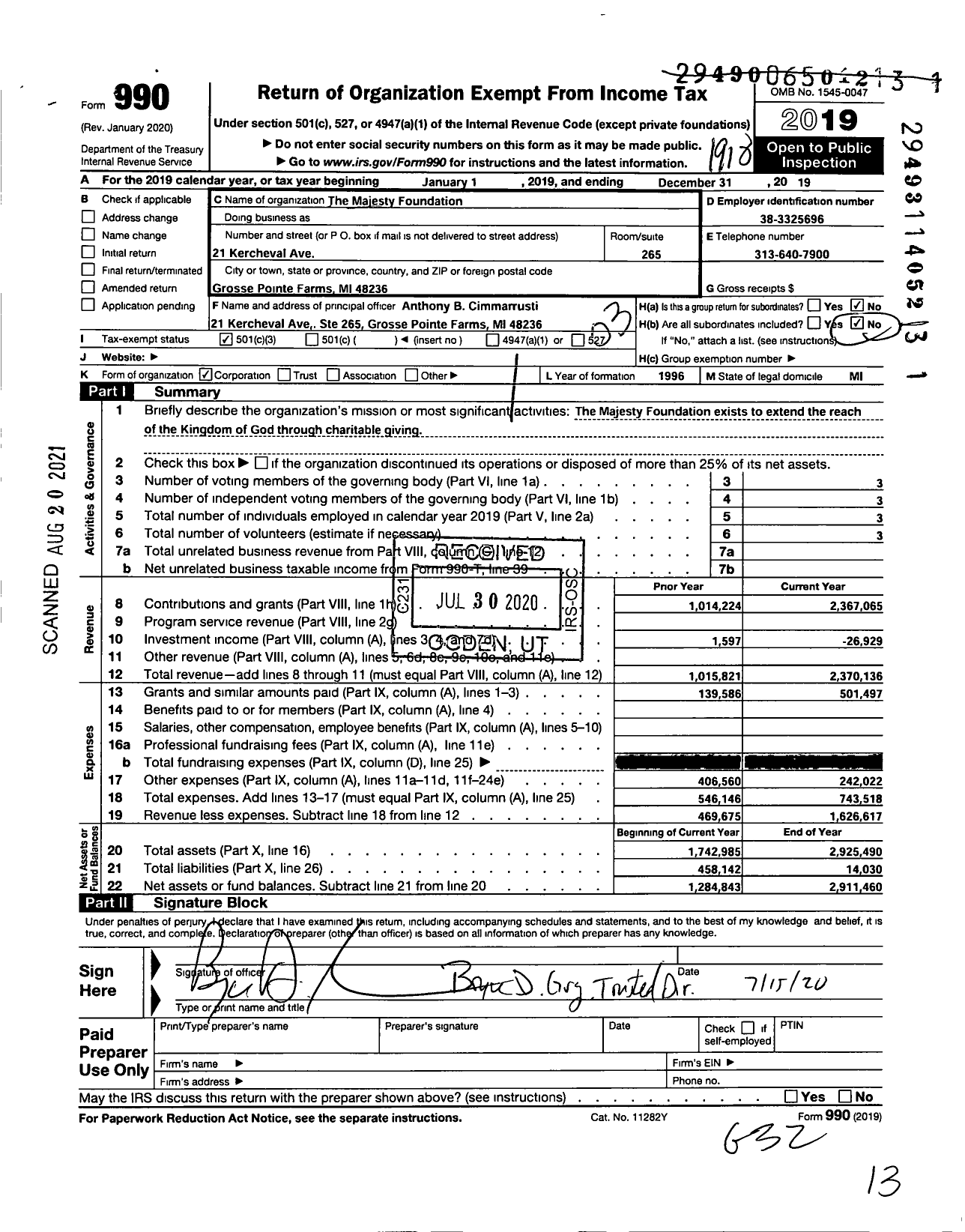 Image of first page of 2019 Form 990 for The Majesty Foundation