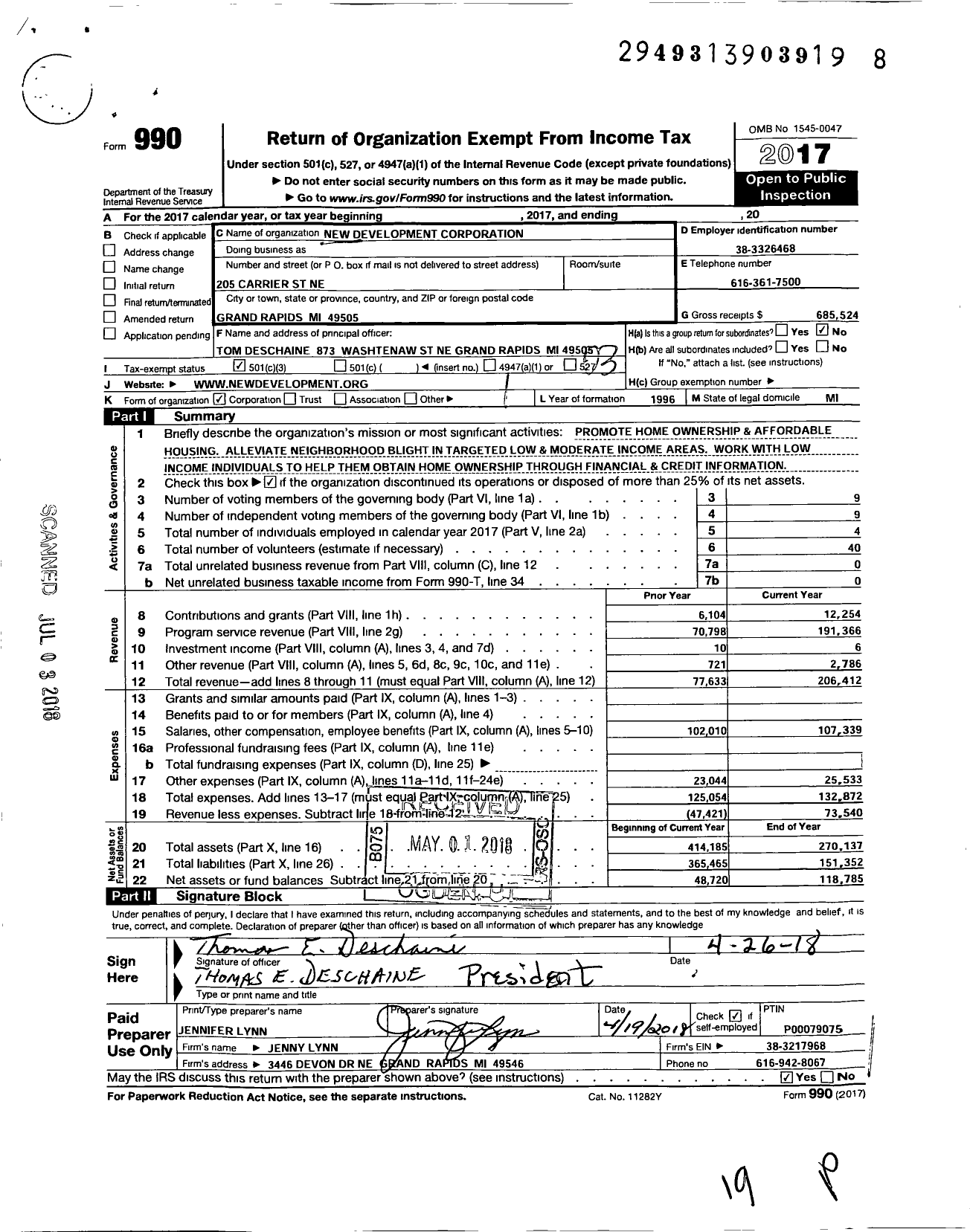 Image of first page of 2017 Form 990 for New Development Corporation