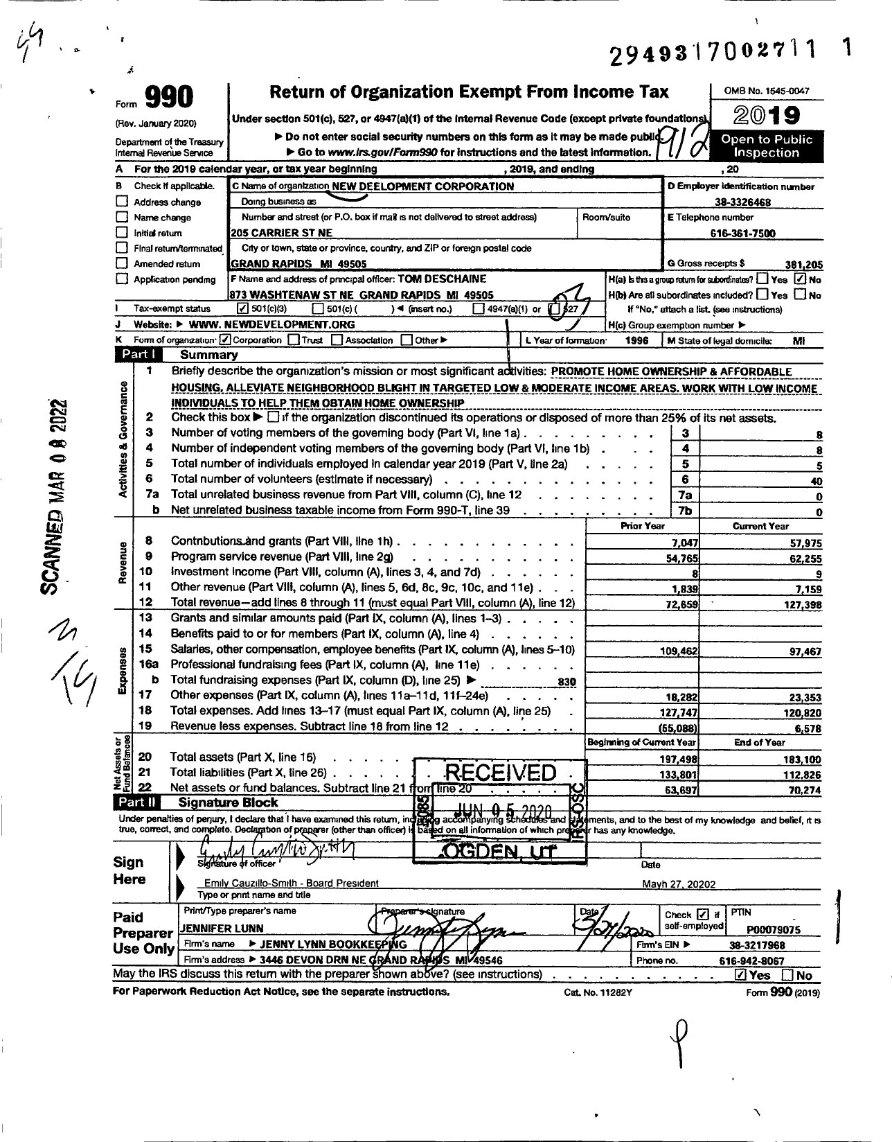 Image of first page of 2019 Form 990 for New Development Corporation