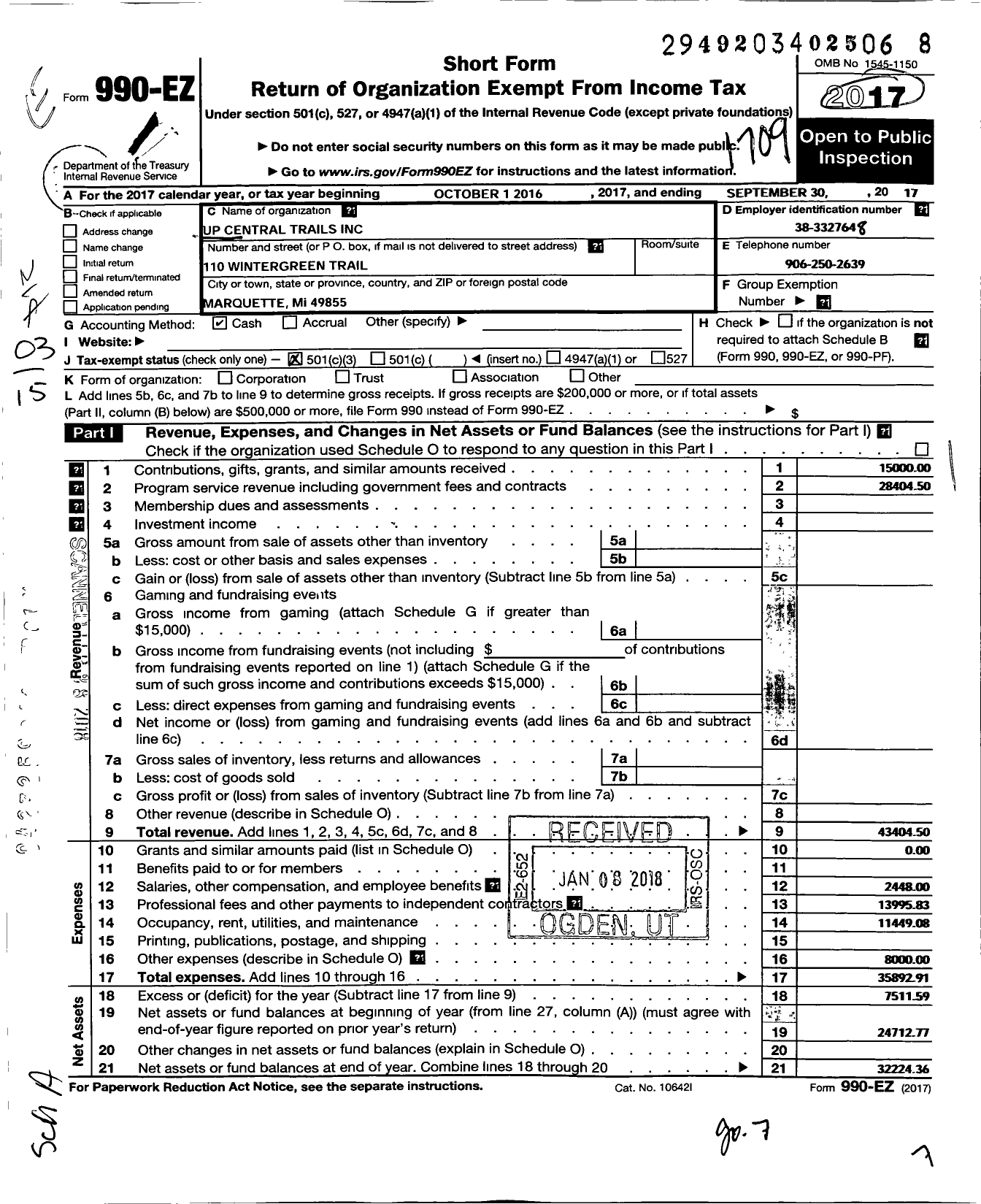 Image of first page of 2016 Form 990EZ for UP Central Trails