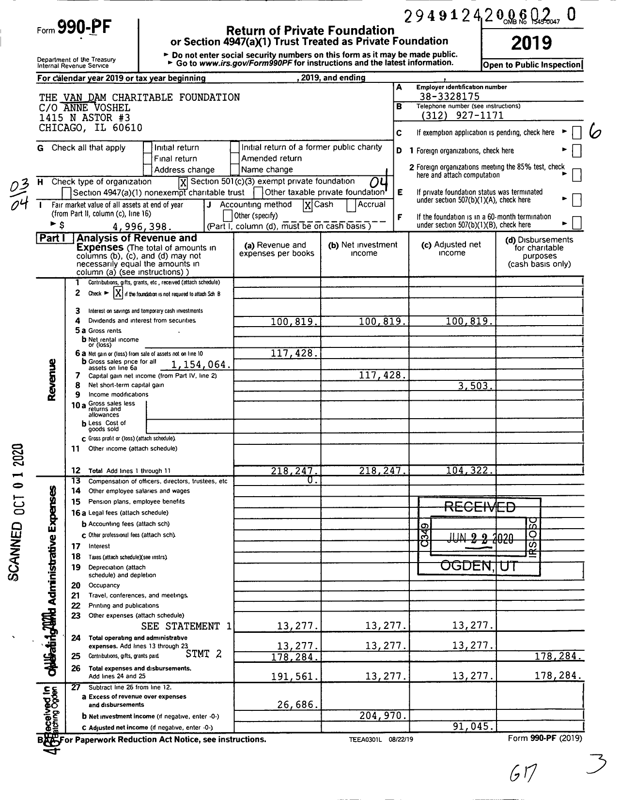 Image of first page of 2019 Form 990PR for The Van Dam Charitable Foundation