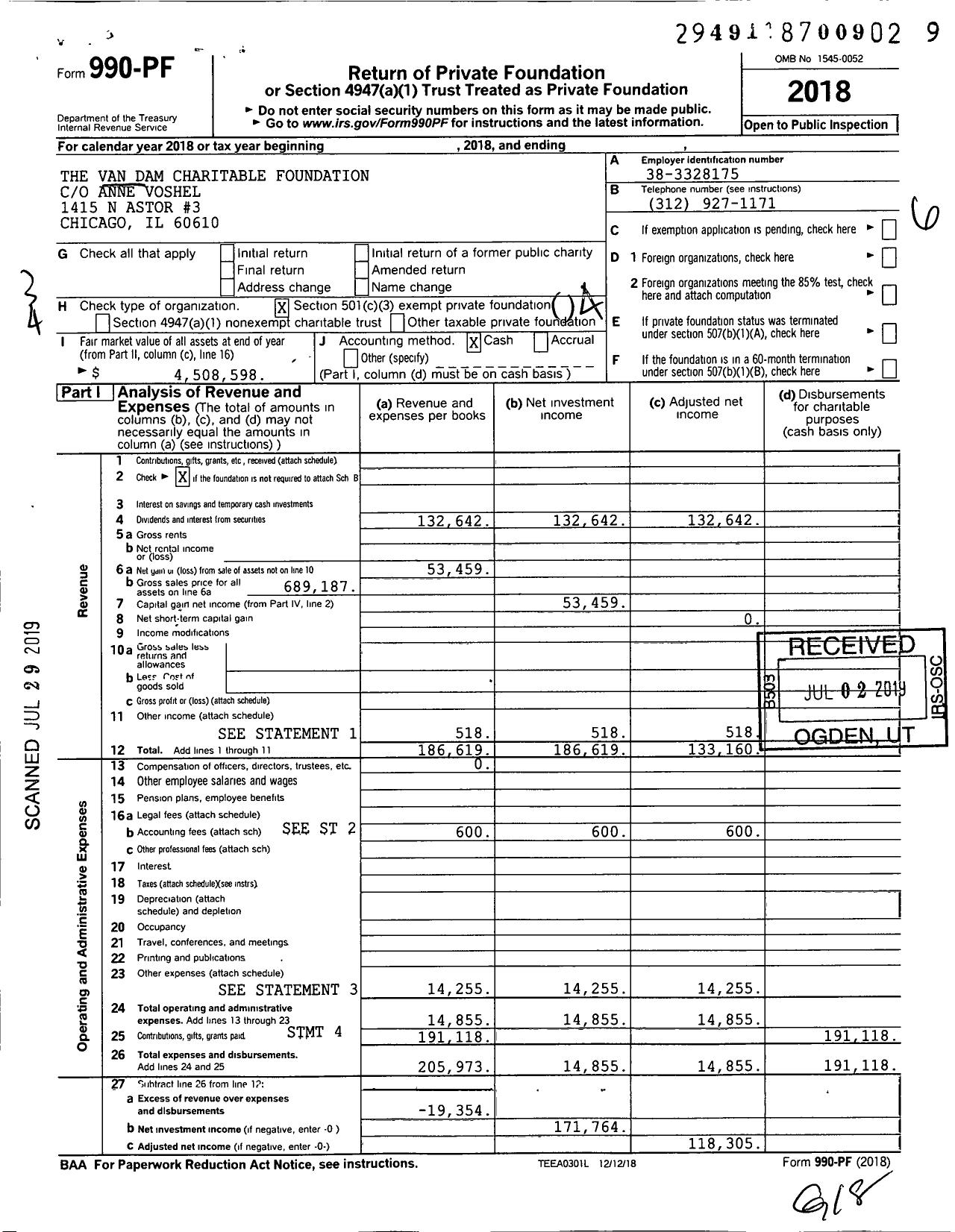 Image of first page of 2018 Form 990PF for The Van Dam Charitable Foundation