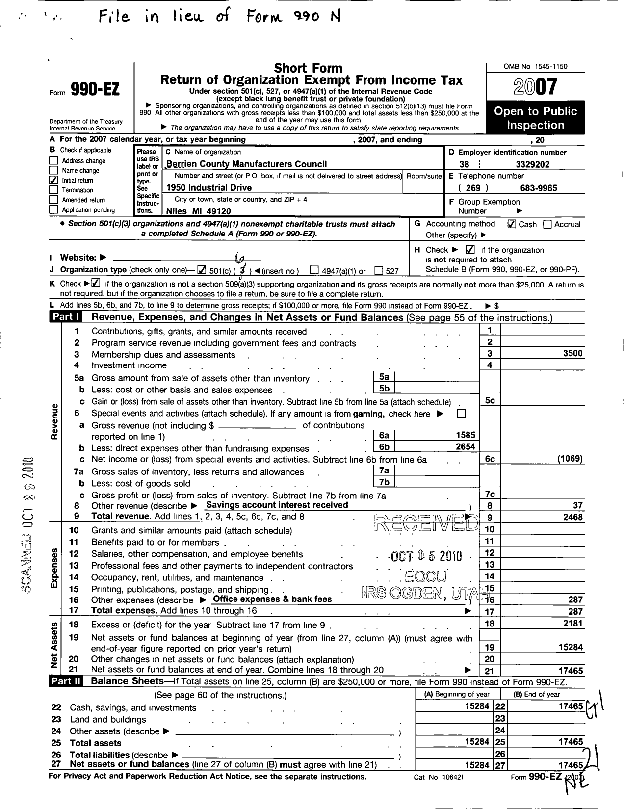 Image of first page of 2007 Form 990EO for Berrien County Manufacturers Council