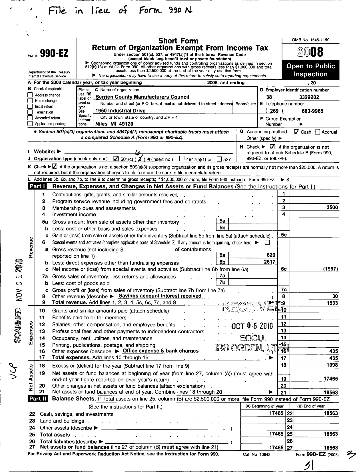 Image of first page of 2008 Form 990EO for Berrien County Manufacturers Council