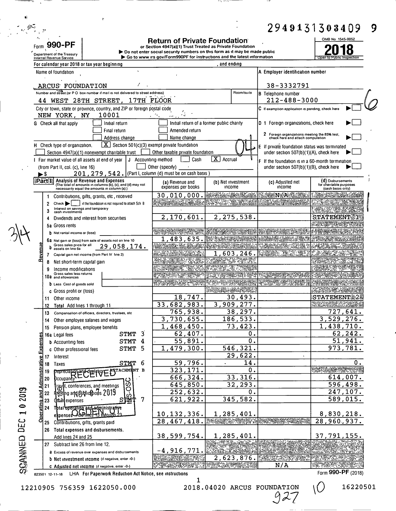 Image of first page of 2018 Form 990PF for Arcus Foundation