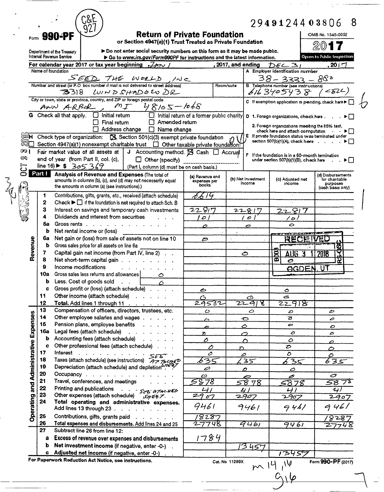 Image of first page of 2017 Form 990PF for Seed the World