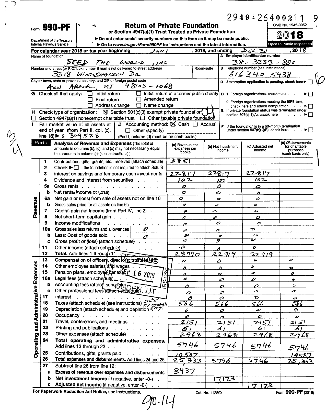 Image of first page of 2018 Form 990PF for Seed the World