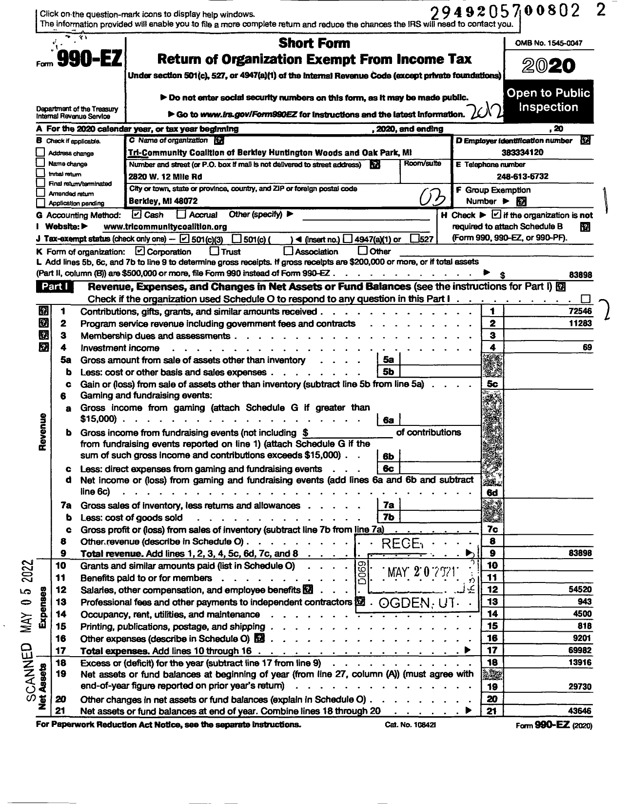 Image of first page of 2020 Form 990EZ for Tri-Community Coalition of Berkley Huntington Woods and Oak Park Mi