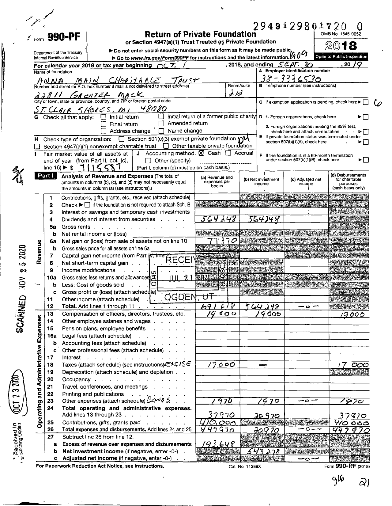 Image of first page of 2018 Form 990PF for Anna Main Charitable Trust