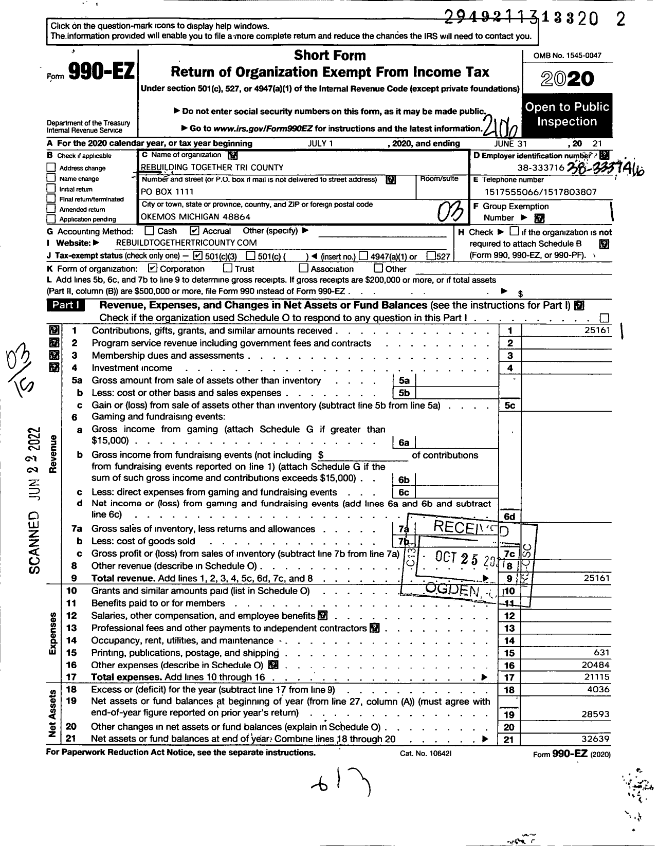 Image of first page of 2020 Form 990EZ for Rebuilding Together Tri-County