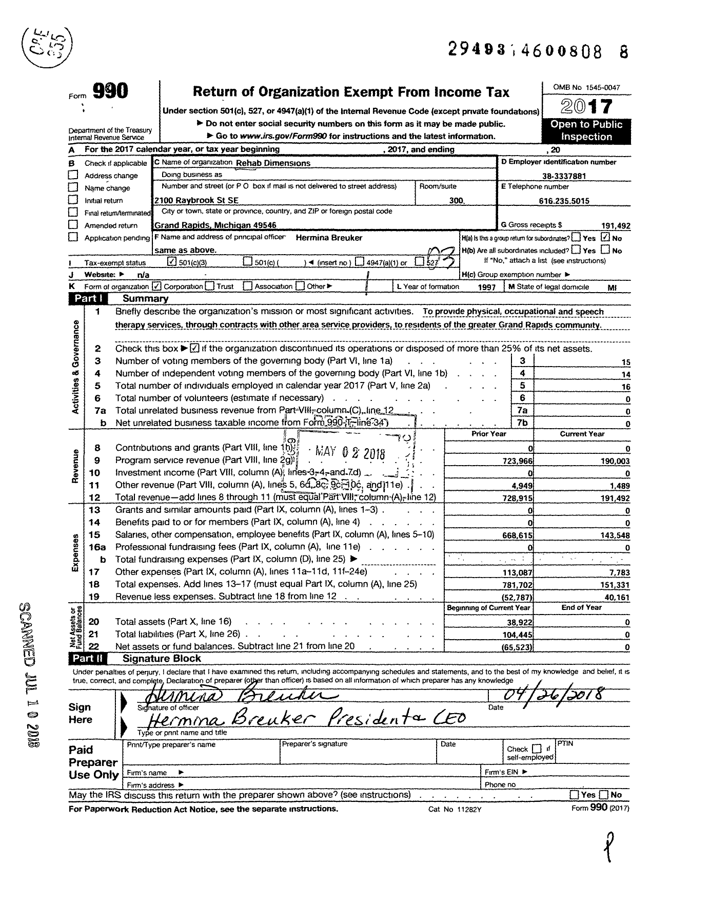 Image of first page of 2017 Form 990 for Rehab Dimensions