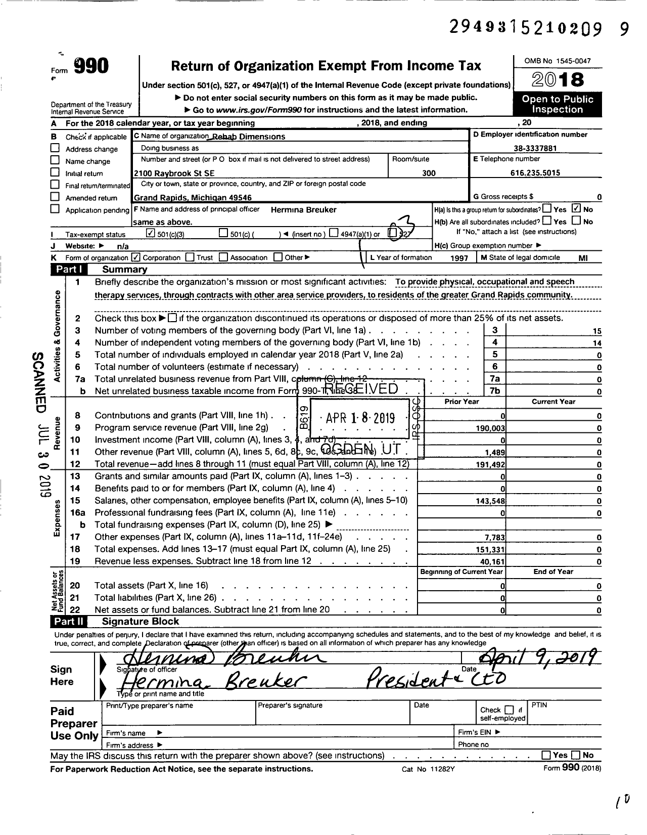 Image of first page of 2018 Form 990 for Rehab Dimensions