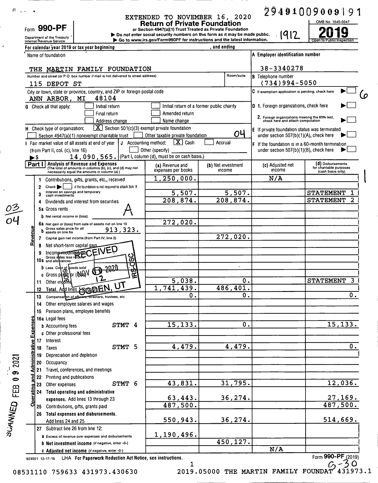 Image of first page of 2019 Form 990PF for The Martin Family Foundation