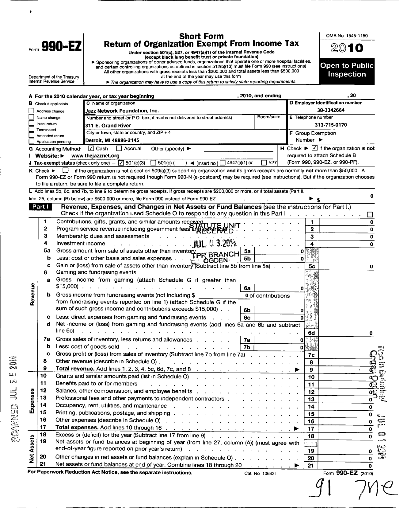 Image of first page of 2010 Form 990EZ for Jazz Network Foundation