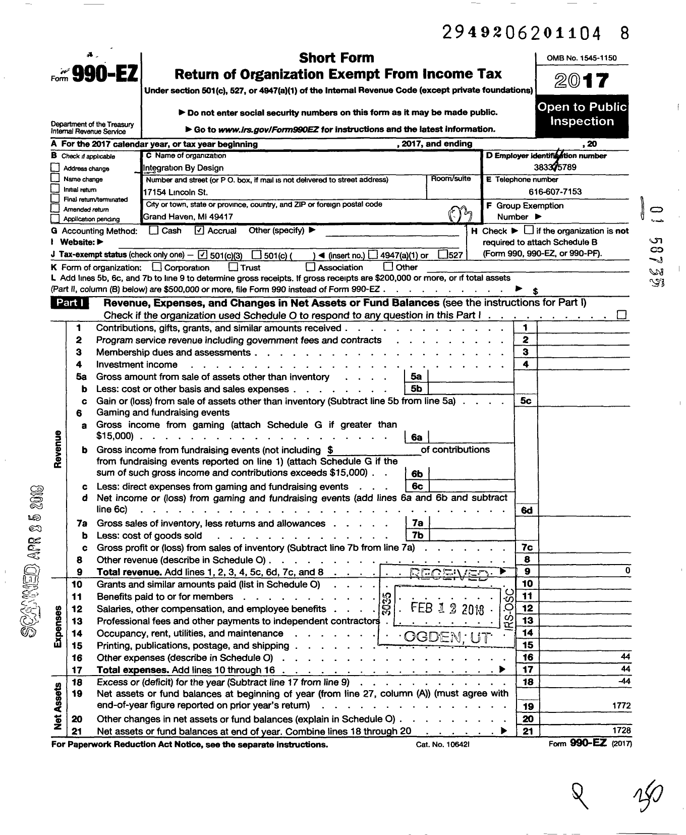 Image of first page of 2017 Form 990EZ for Essential Services for Women (Integration By Design)