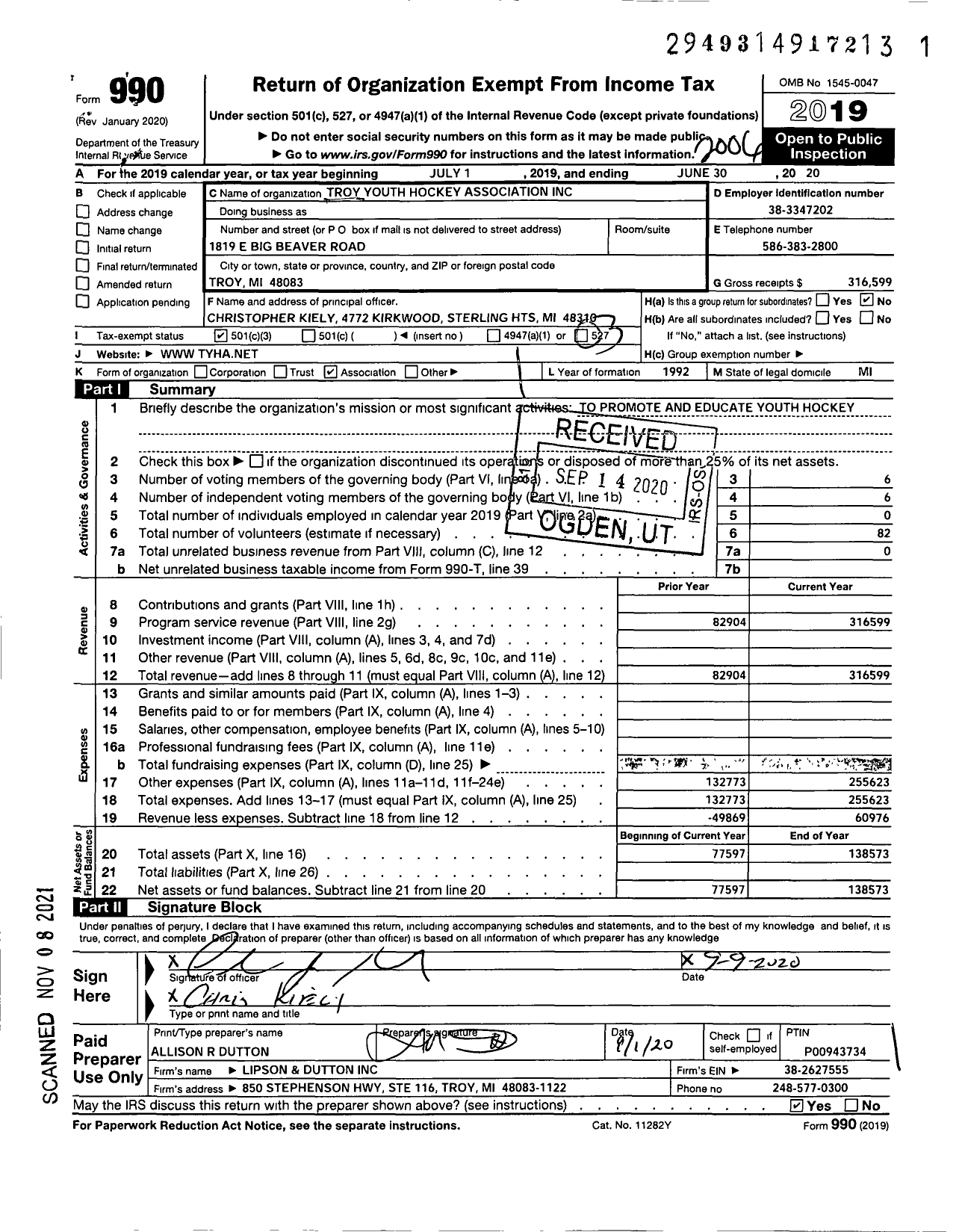 Image of first page of 2019 Form 990 for Troy Youth Hockey Association