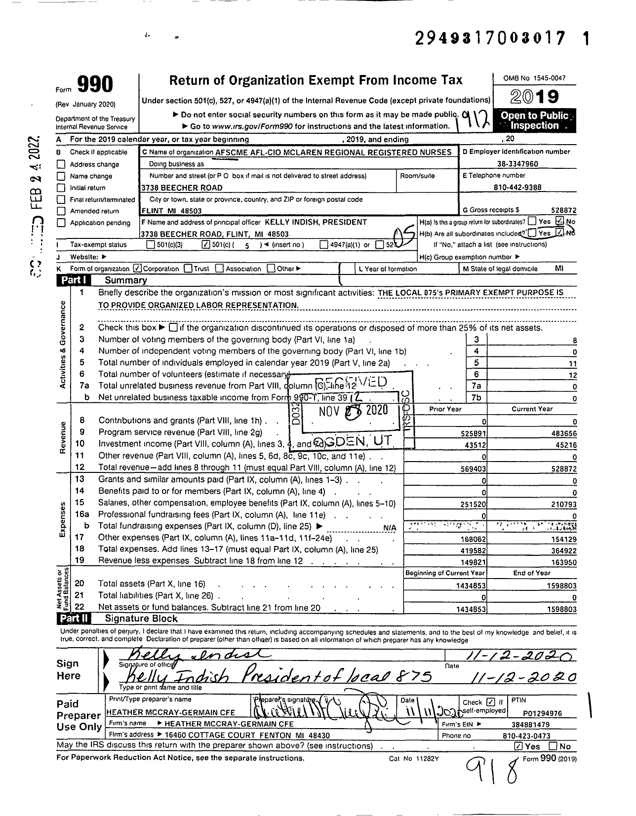 Image of first page of 2019 Form 990O for American Federation of State County & Municipal Employees - L0875mi Mclaren HLTH Care Corp Nurs