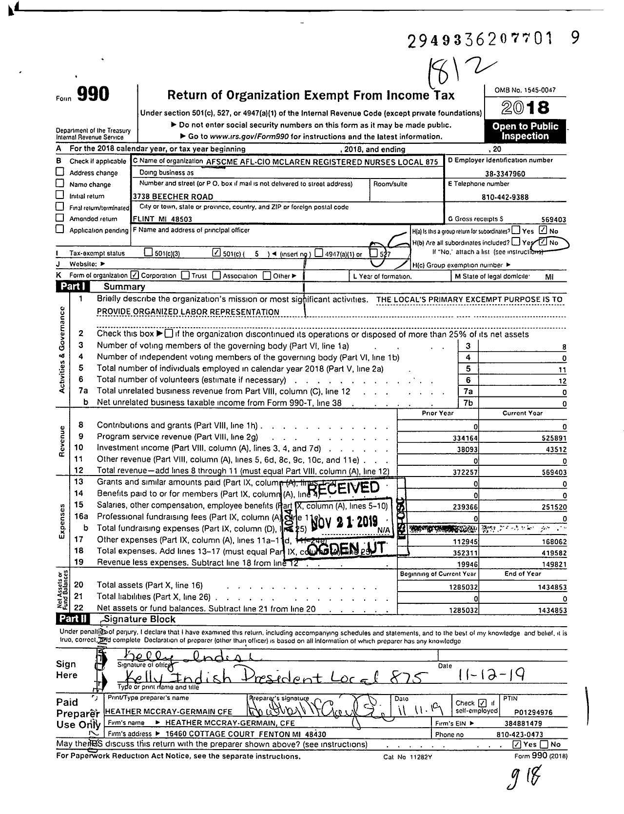 Image of first page of 2018 Form 990O for American Federation of State County & Municipal Employees - L0875mi Mclaren HLTH Care Corp Nurs