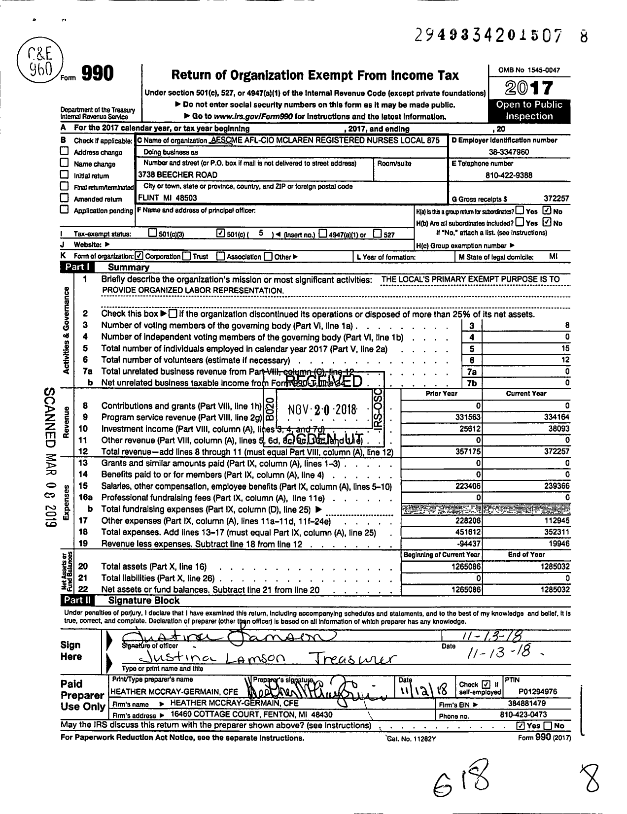 Image of first page of 2017 Form 990O for American Federation of State County & Municipal Employees - L0875mi Mclaren HLTH Care Corp Nurs