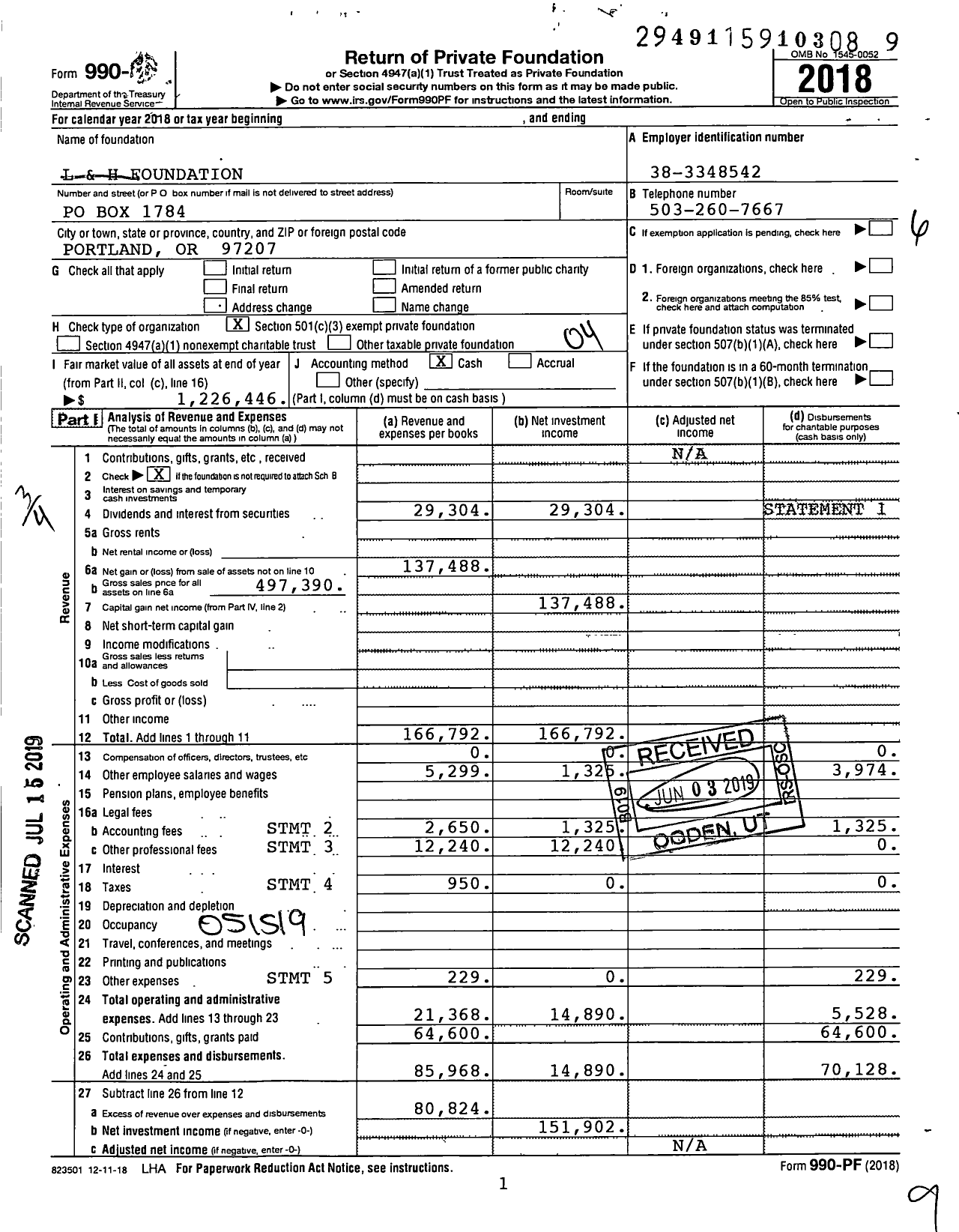 Image of first page of 2018 Form 990PF for L and H Foundation