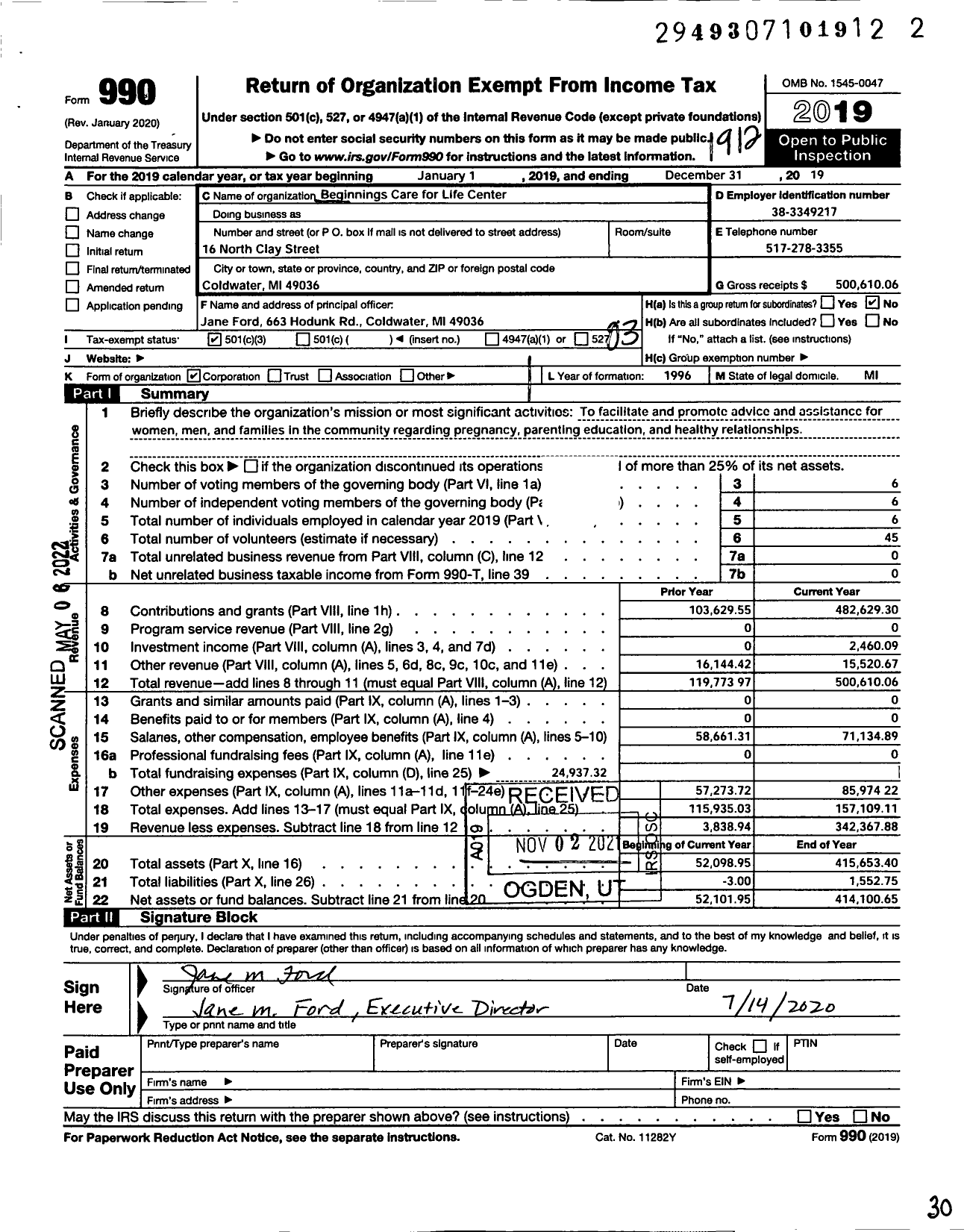 Image of first page of 2019 Form 990 for Beginnings Care for Life Center