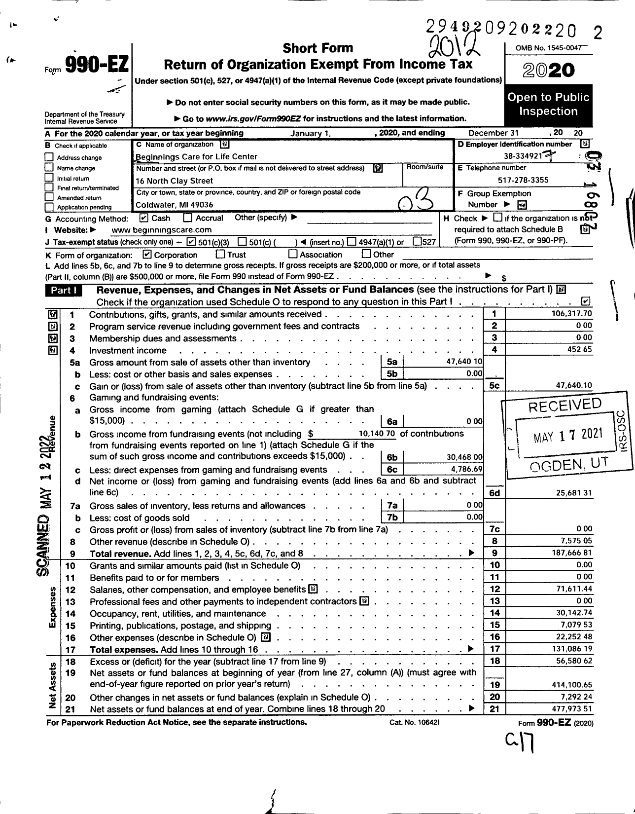 Image of first page of 2020 Form 990EZ for Beginnings Care for Life Center