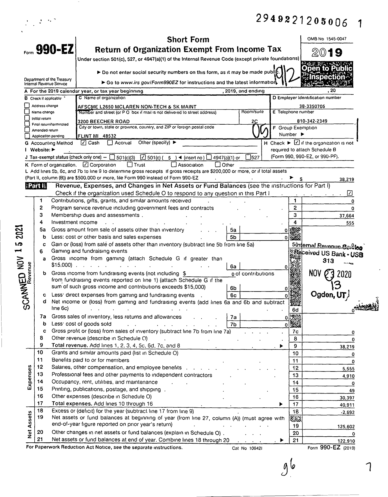 Image of first page of 2019 Form 990EO for American Federation of State County & Municipal Employees - L2650mi Mclaren Non-Tech & SK Maint