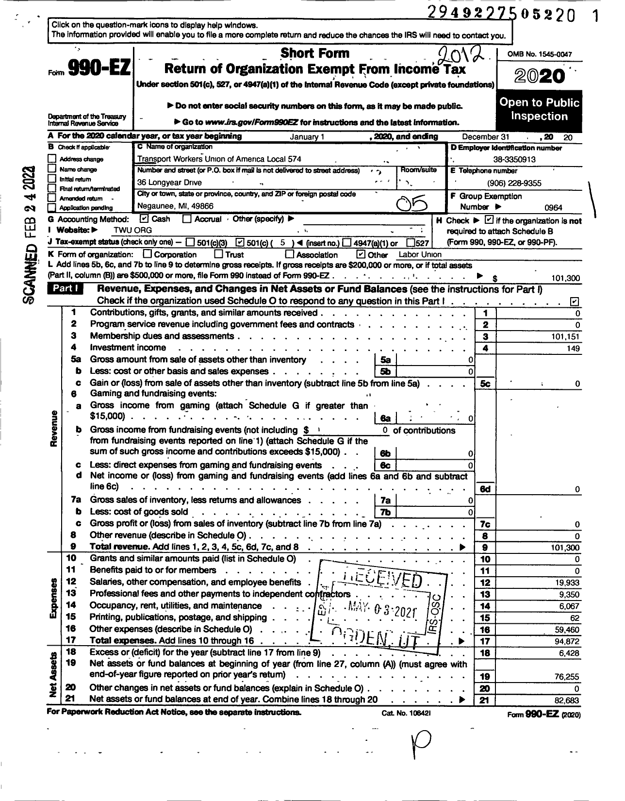 Image of first page of 2020 Form 990EO for Transport Workers Union - 574 Local
