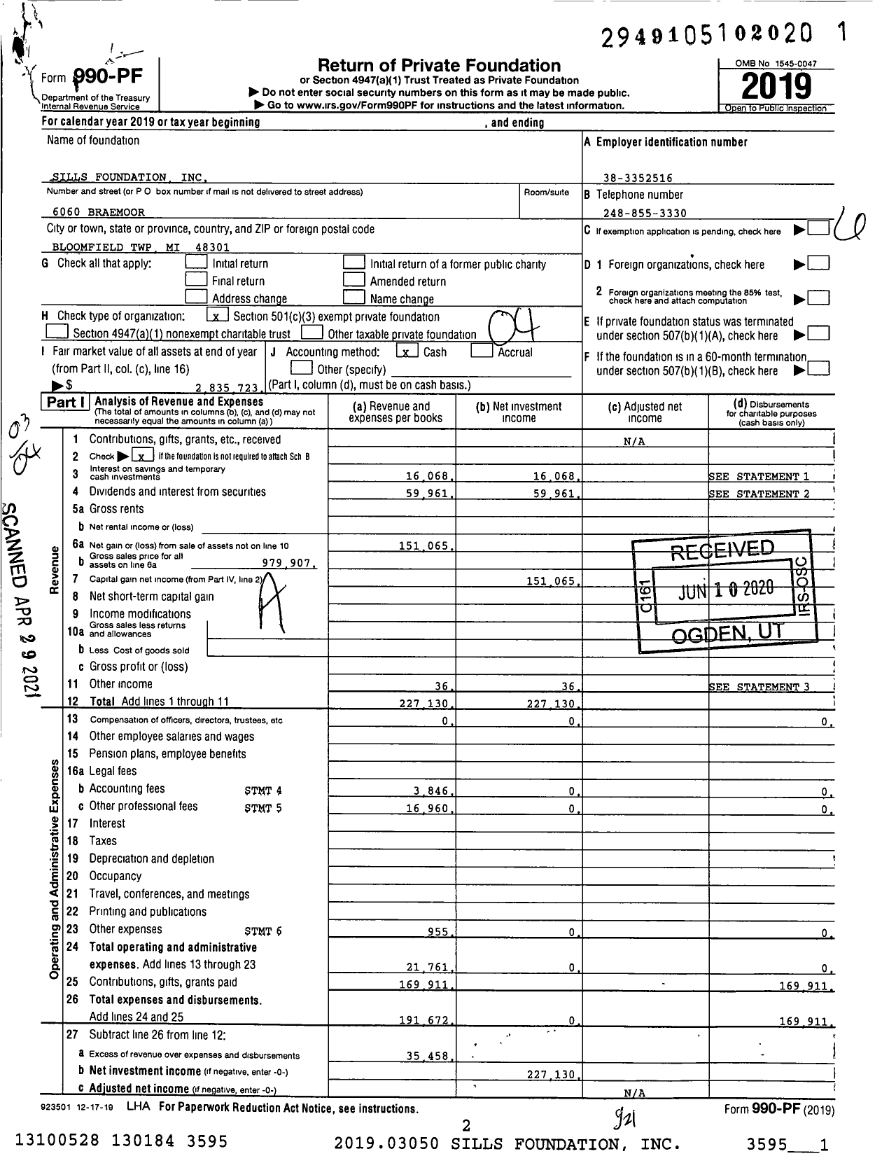 Image of first page of 2019 Form 990PF for Sills Foundation