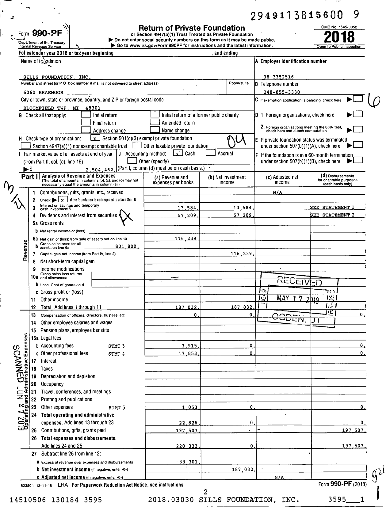 Image of first page of 2018 Form 990PF for Sills Foundation