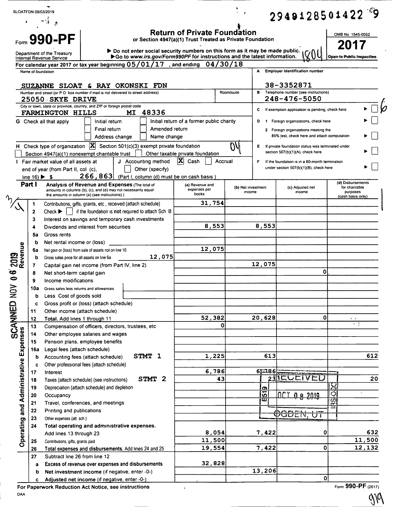 Image of first page of 2017 Form 990PF for Suzanne Sloat and Ray Okonski Foundation