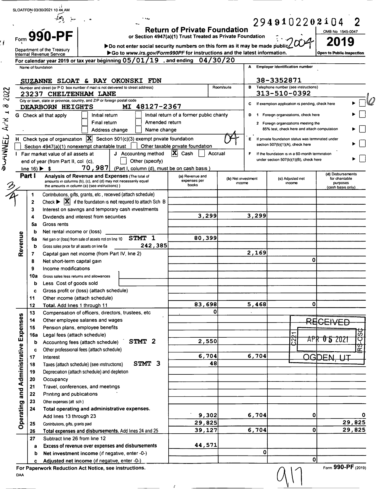 Image of first page of 2019 Form 990PF for Suzanne Sloat and Ray Okonski Foundation