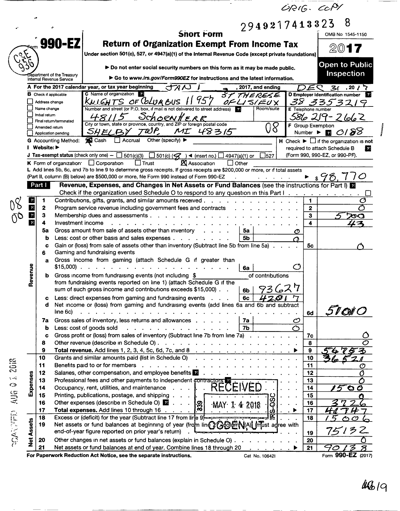 Image of first page of 2017 Form 990EO for Knights of Columbus - 11957 St Therese of Lisieux