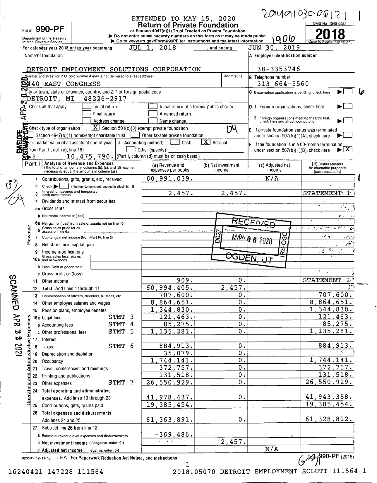 Image of first page of 2018 Form 990PF for Detroit Employment Solutions Corporation (DESC)