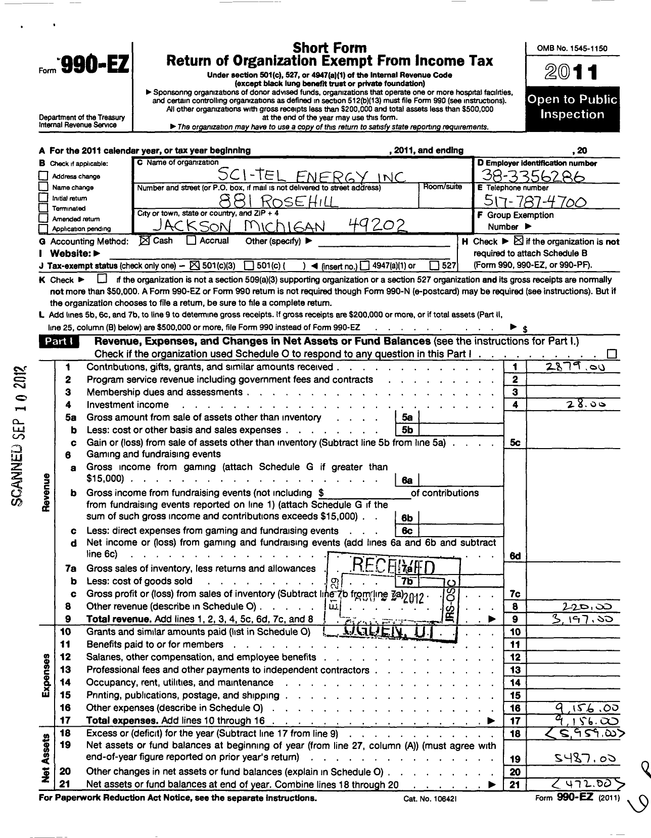Image of first page of 2011 Form 990EZ for Sci-Tel Energy