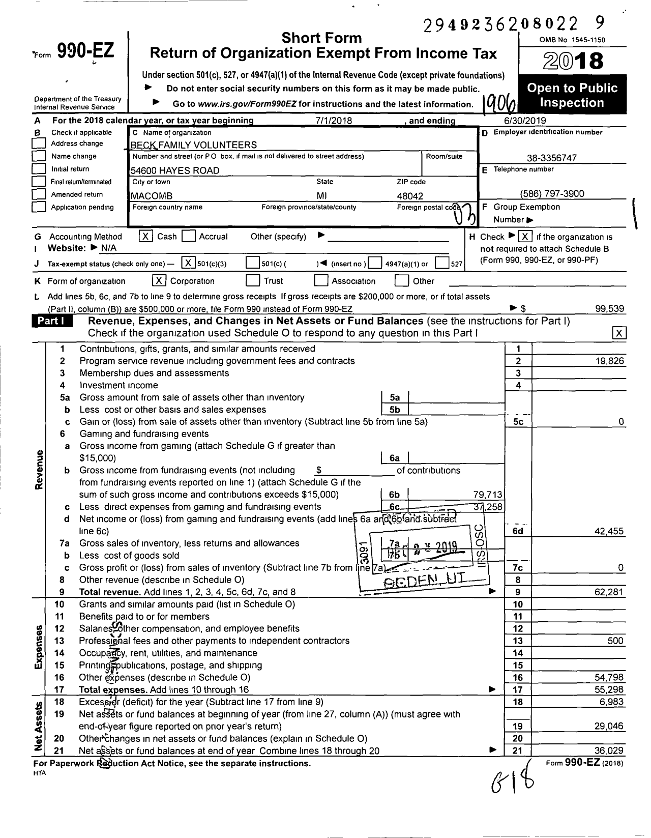 Image of first page of 2018 Form 990EZ for Beck Family Volunteers