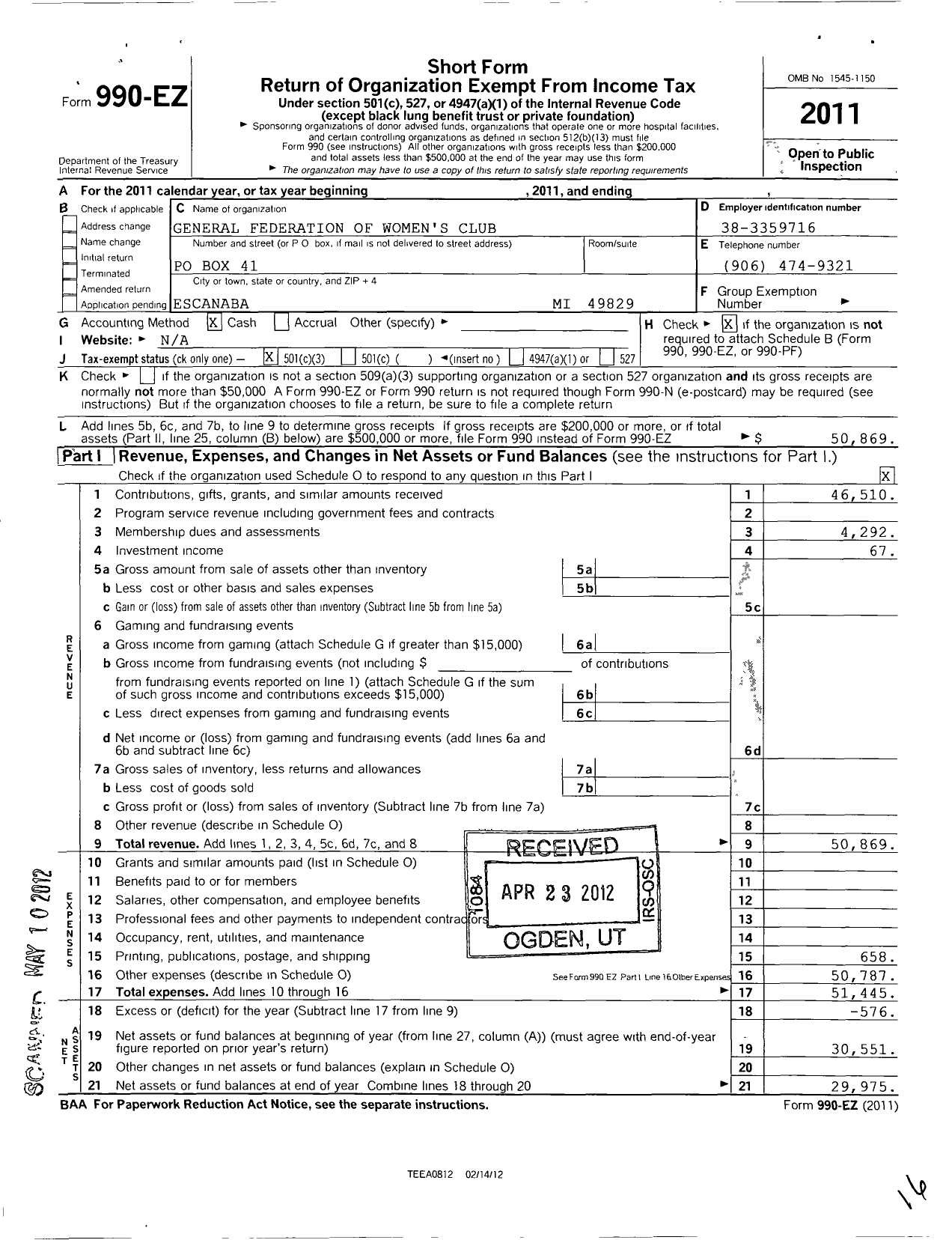 Image of first page of 2011 Form 990EZ for General Federation of Womens Clubs / Escanaba