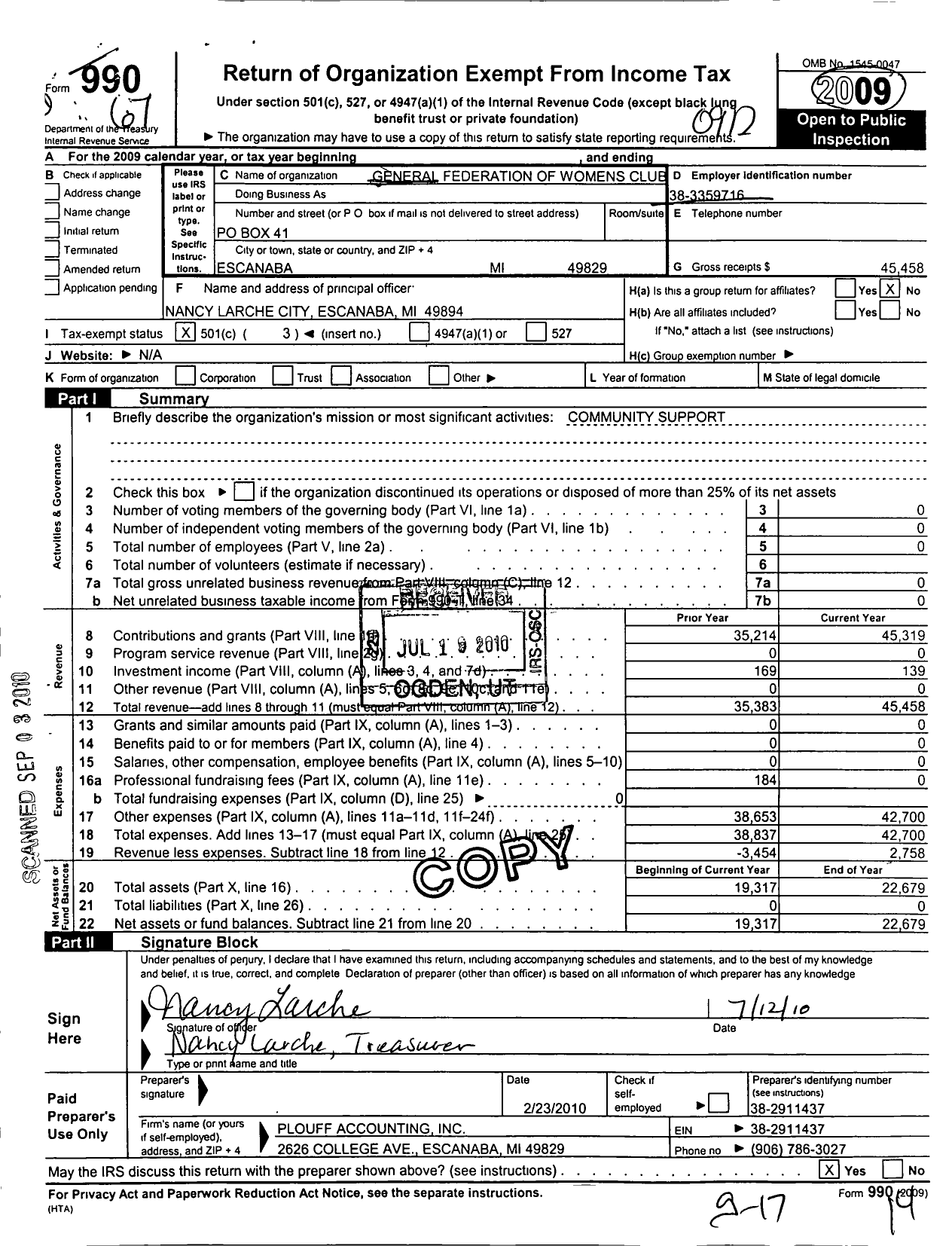 Image of first page of 2009 Form 990 for General Federation of Womens Clubs / Escanaba