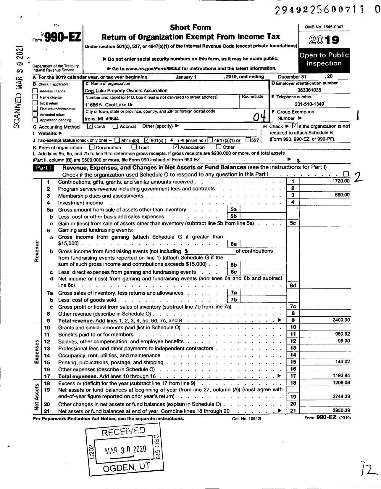 Image of first page of 2019 Form 990EO for Cool Lake Property Owners Association