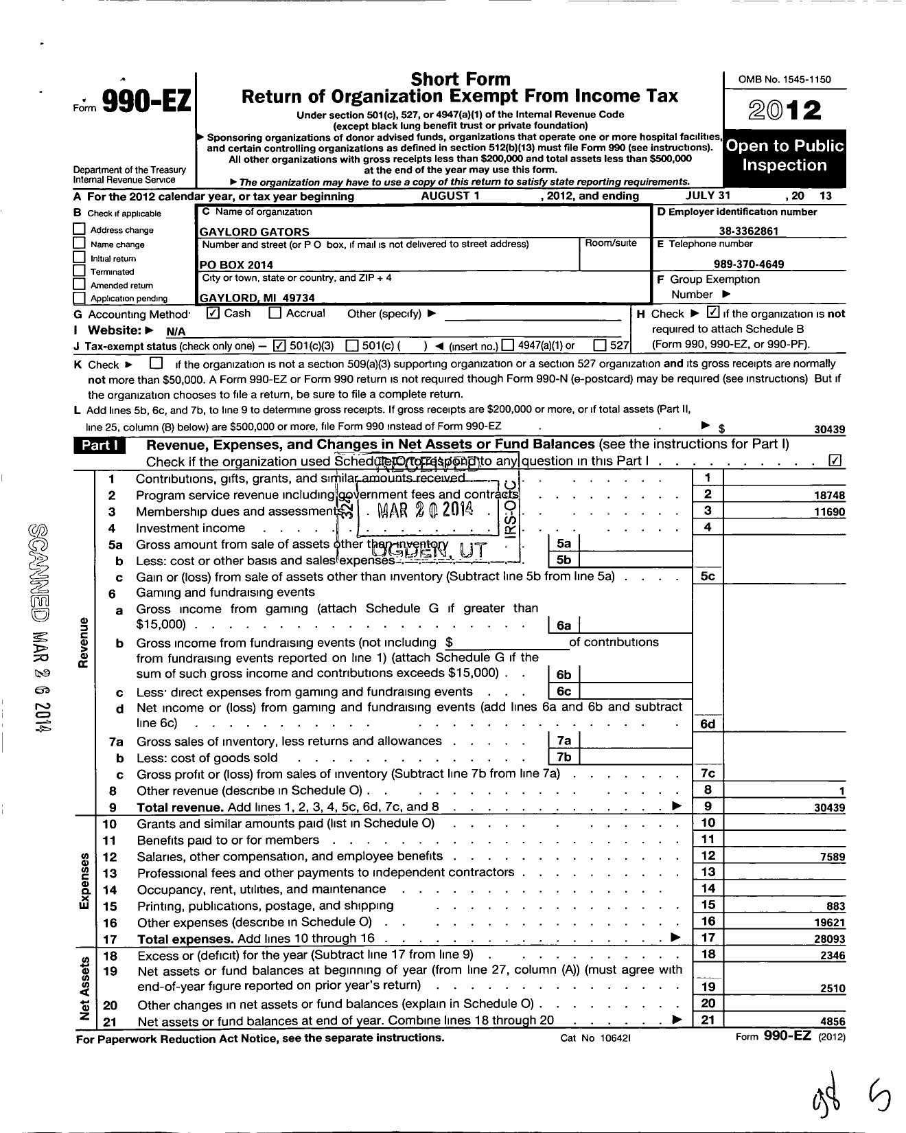 Image of first page of 2012 Form 990EZ for Gaylord Gators