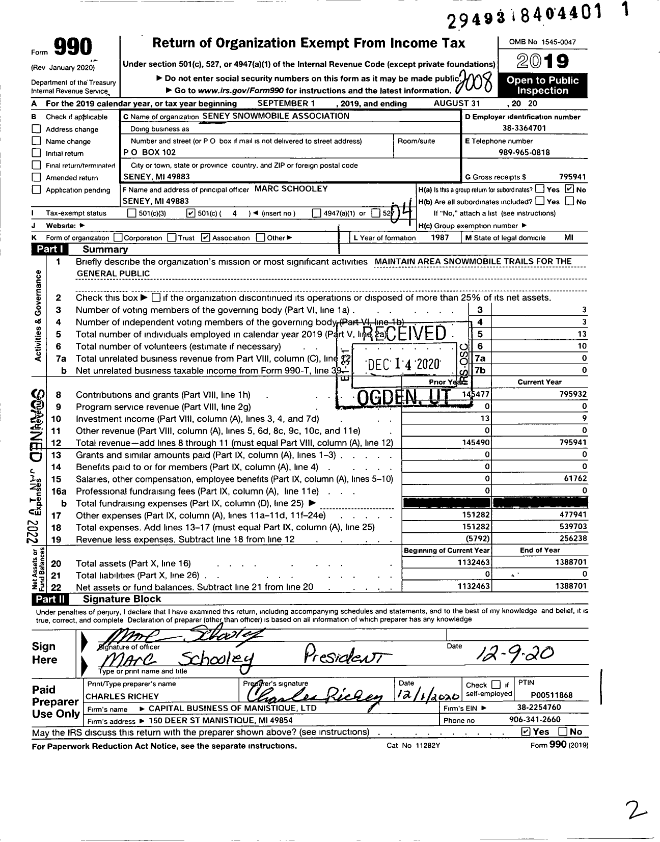 Image of first page of 2019 Form 990O for Seney Snowmobile Association