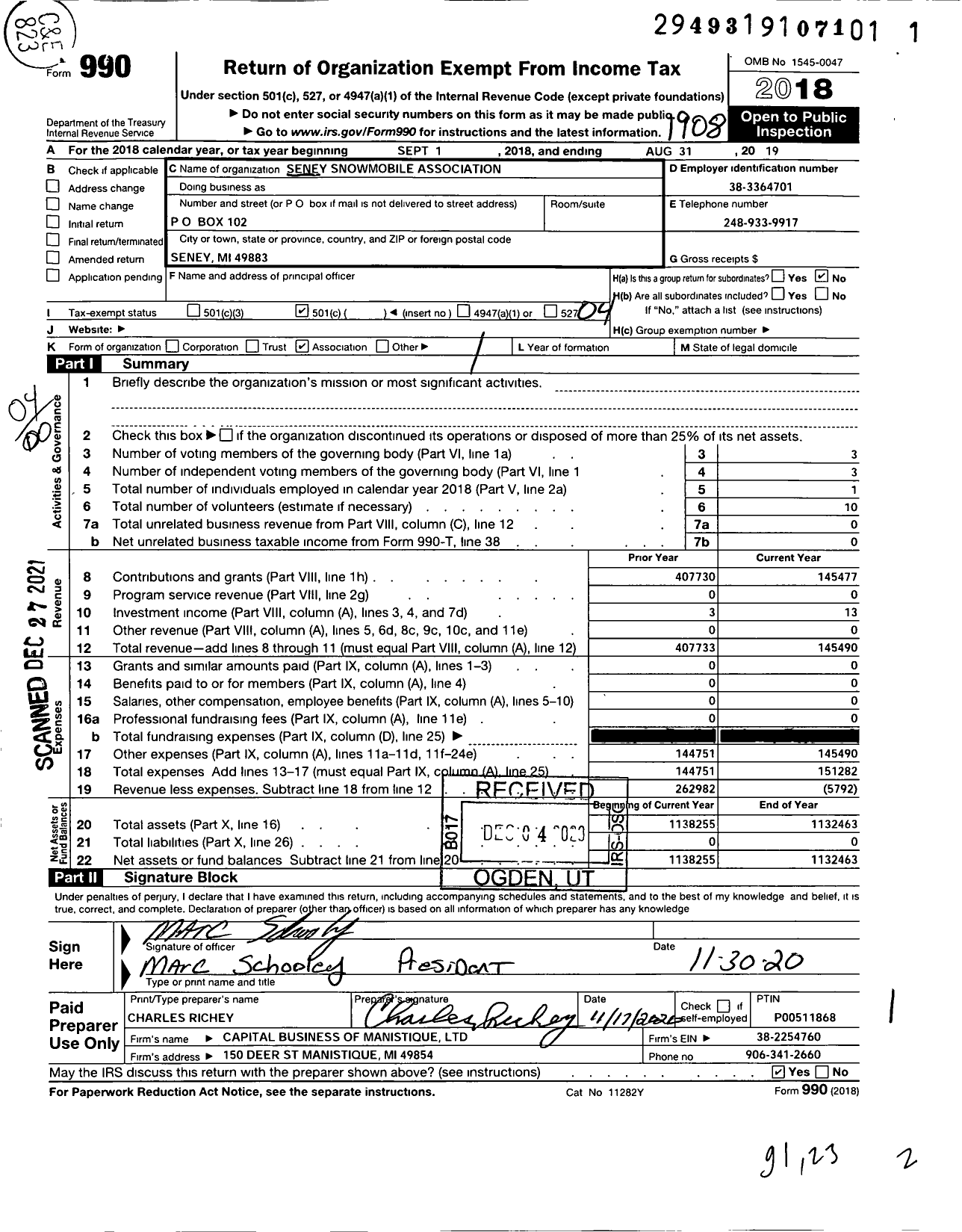 Image of first page of 2018 Form 990O for Seney Snowmobile Association