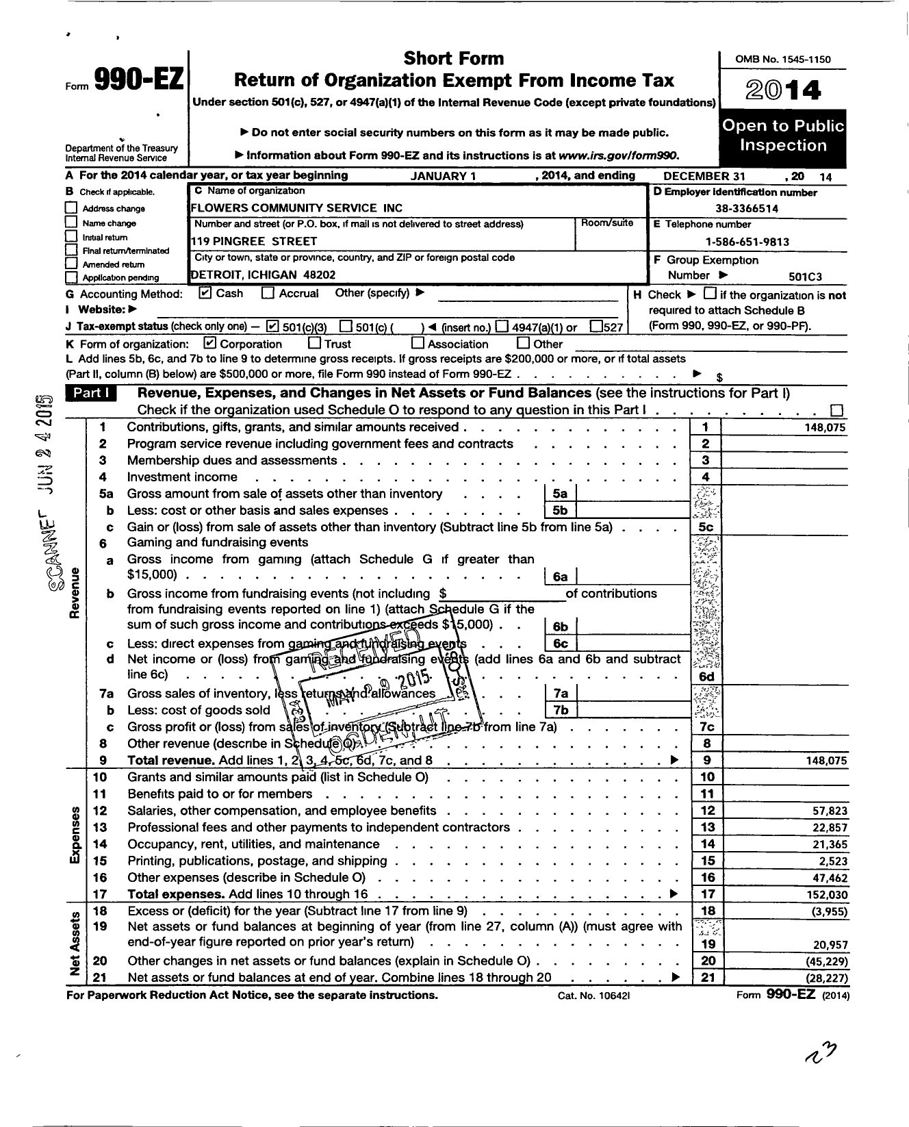 Image of first page of 2014 Form 990EZ for Flowers Community Services