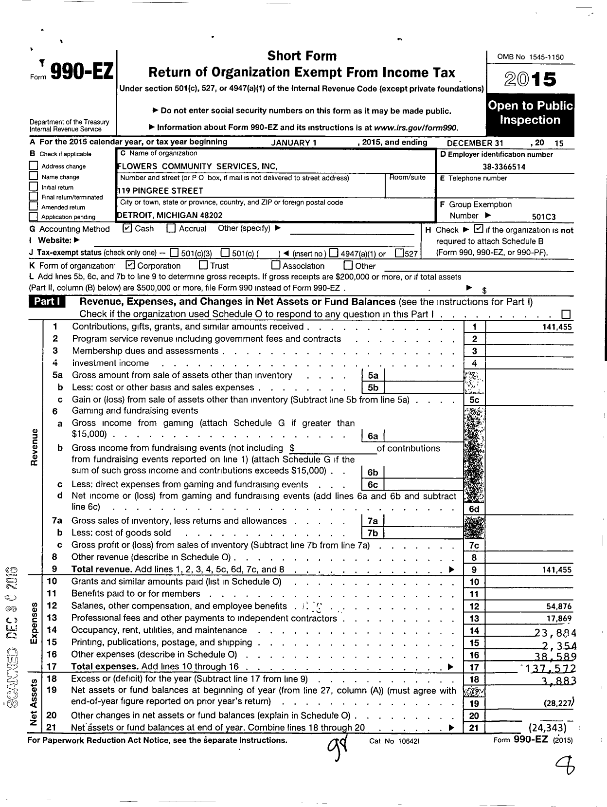 Image of first page of 2015 Form 990EO for Flowers Community Services