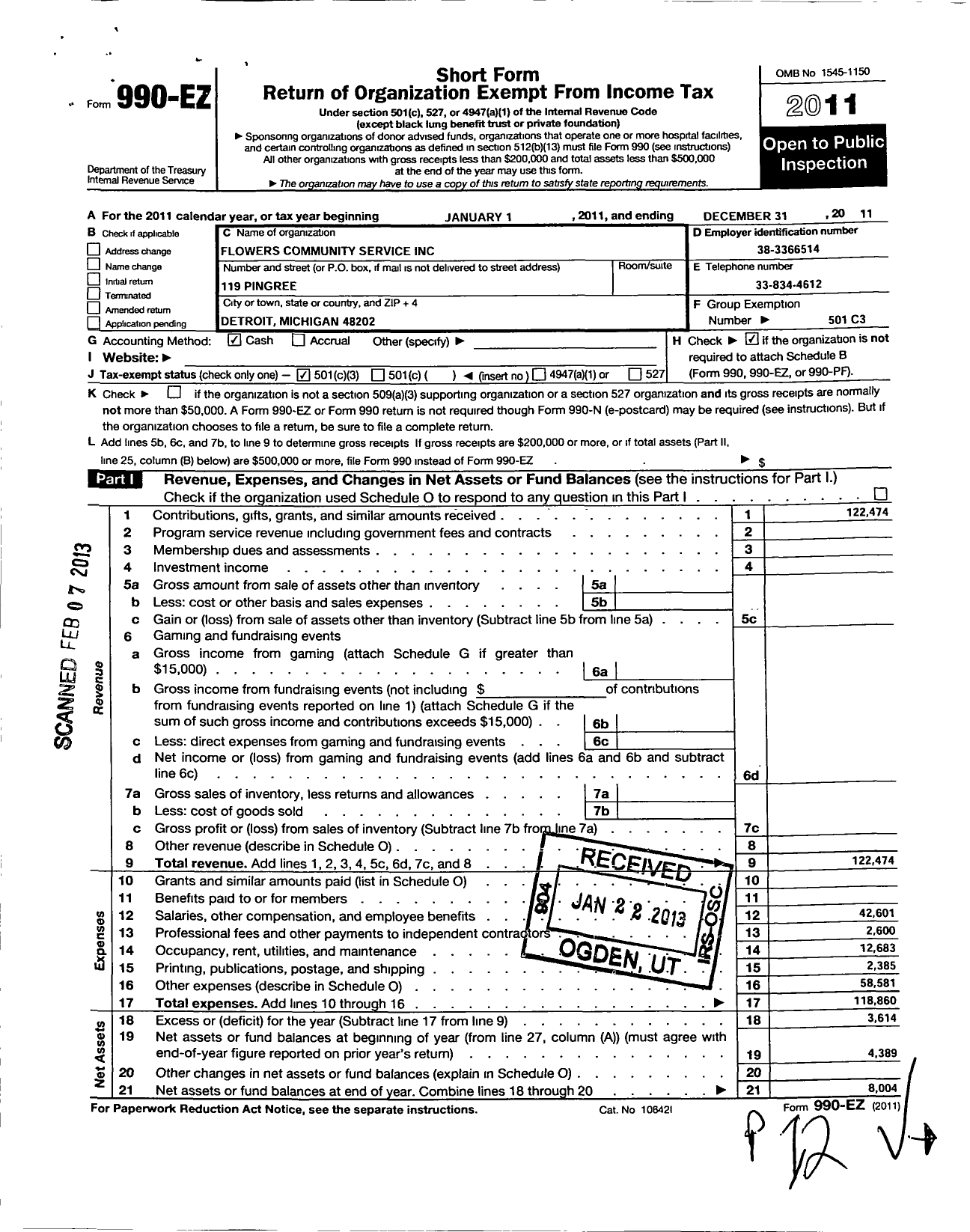 Image of first page of 2011 Form 990EZ for Flowers Community Services