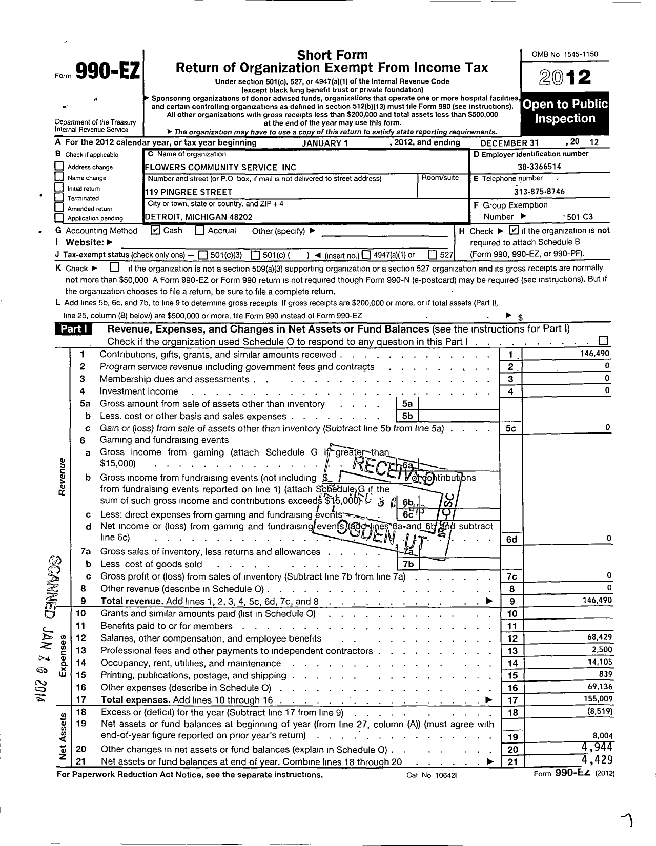 Image of first page of 2012 Form 990EO for Flowers Community Services