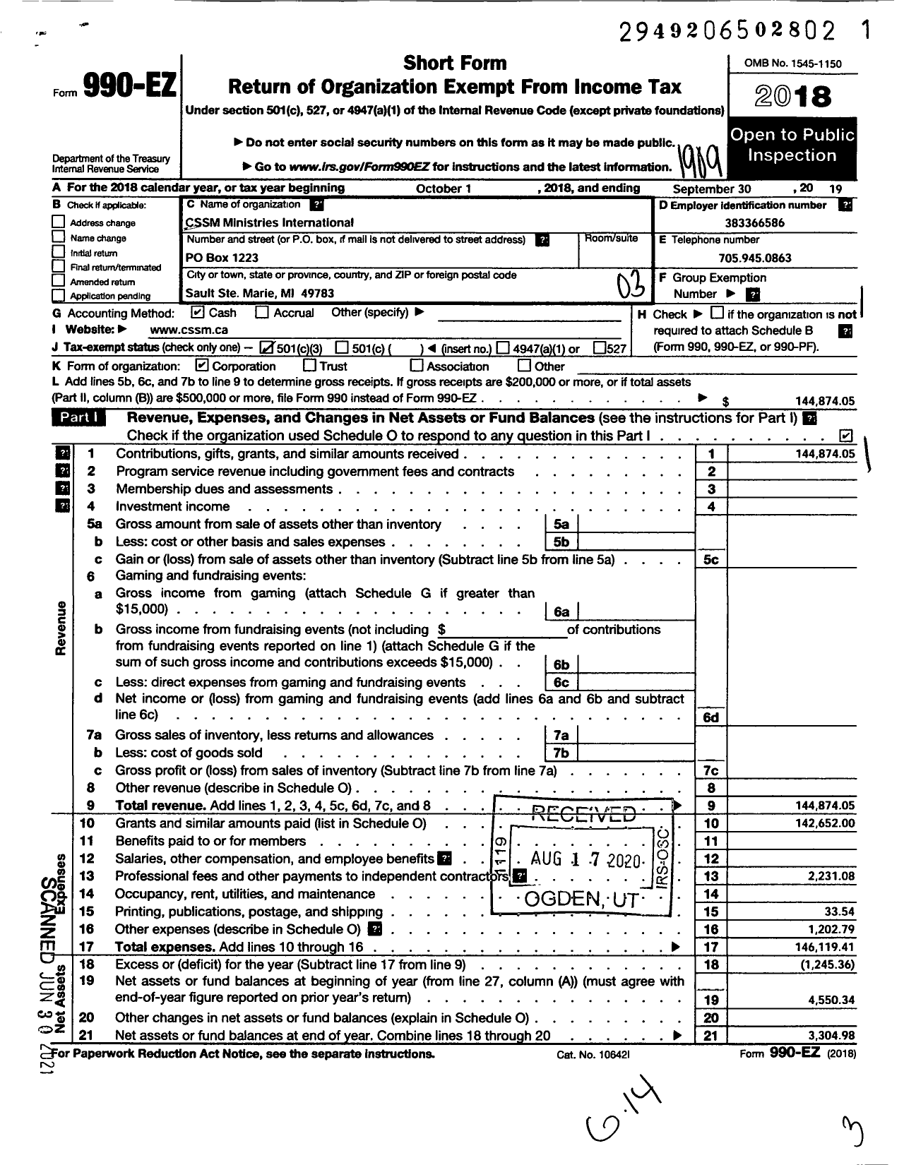 Image of first page of 2018 Form 990EZ for CSSM S S M Ministries International